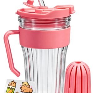 Glass Tumbler with Handle, Glass Straw & Cartoon Stickers | Ribbed Borosilicate Glass Cup with Fruit Infuser, 2-in-1 Leak-Proof Dual Sip Lid | 580ml | Pack of 1 | Random Colour Dispatch